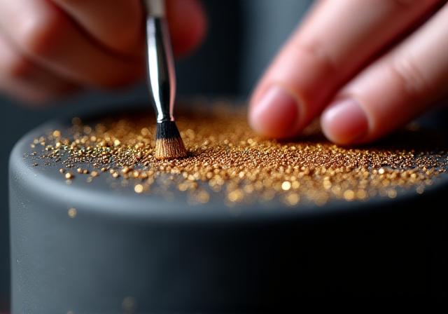 Cake decorator applying gold leaf to a dark cake surface