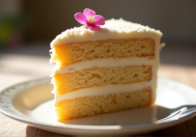 Close up of a moist cake slice with floral garnish