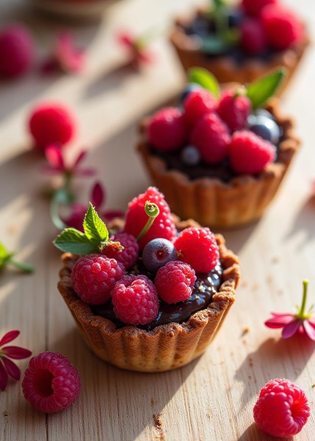 Miniature seasonal fruit and chocolate tartlets