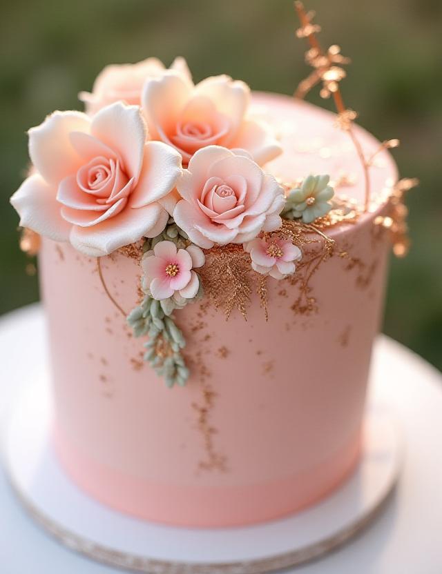 Delicate floral cake with rose gold accents