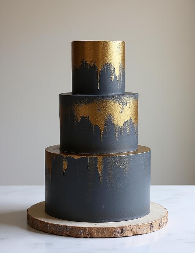 Gold leaf and gunmetal grey tiered cake