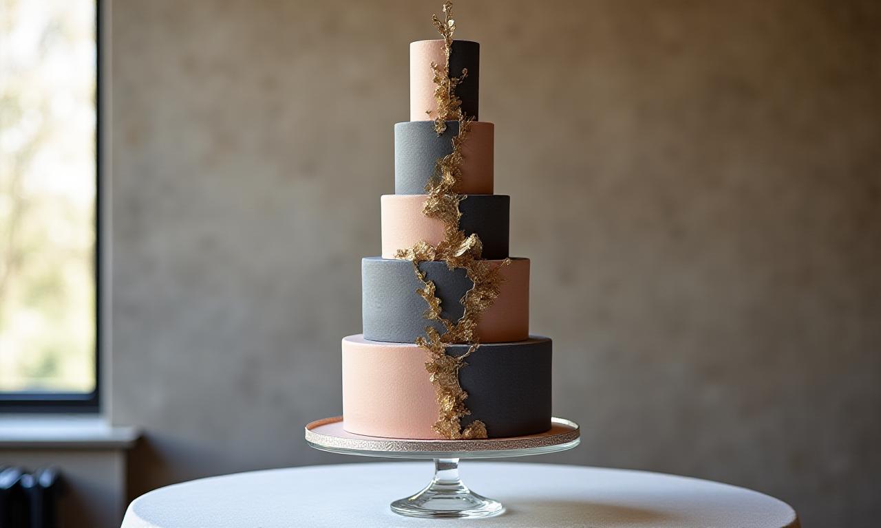A highly artistic multi-tiered cake showcasing 2024 trends