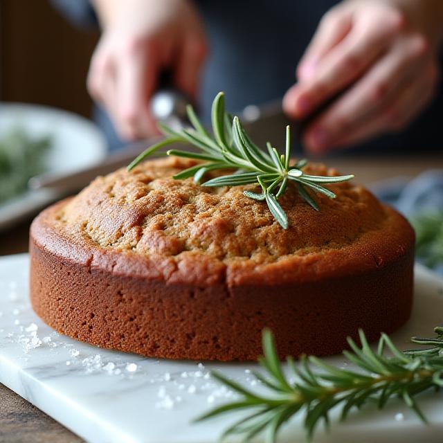 Artisanal cake featuring rosemary and sea salt infusion