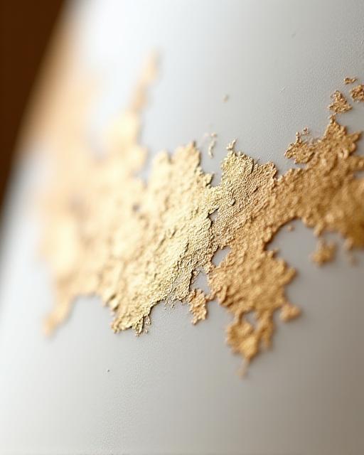 Close up of a metallic gold leaf finish on a white wedding cake