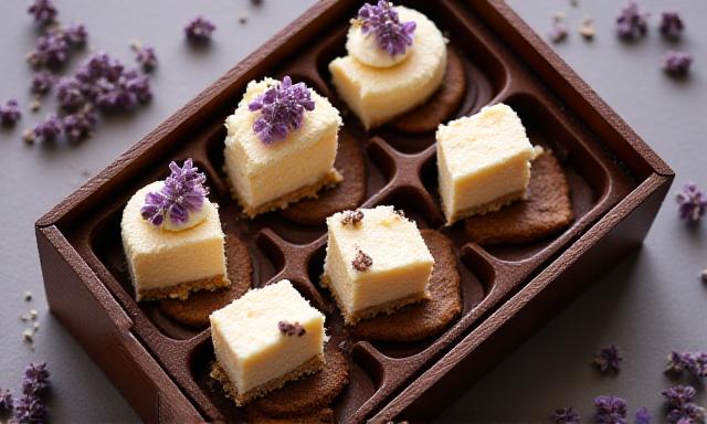 Artisanal cake tasting box with multiple slices and floral garnish